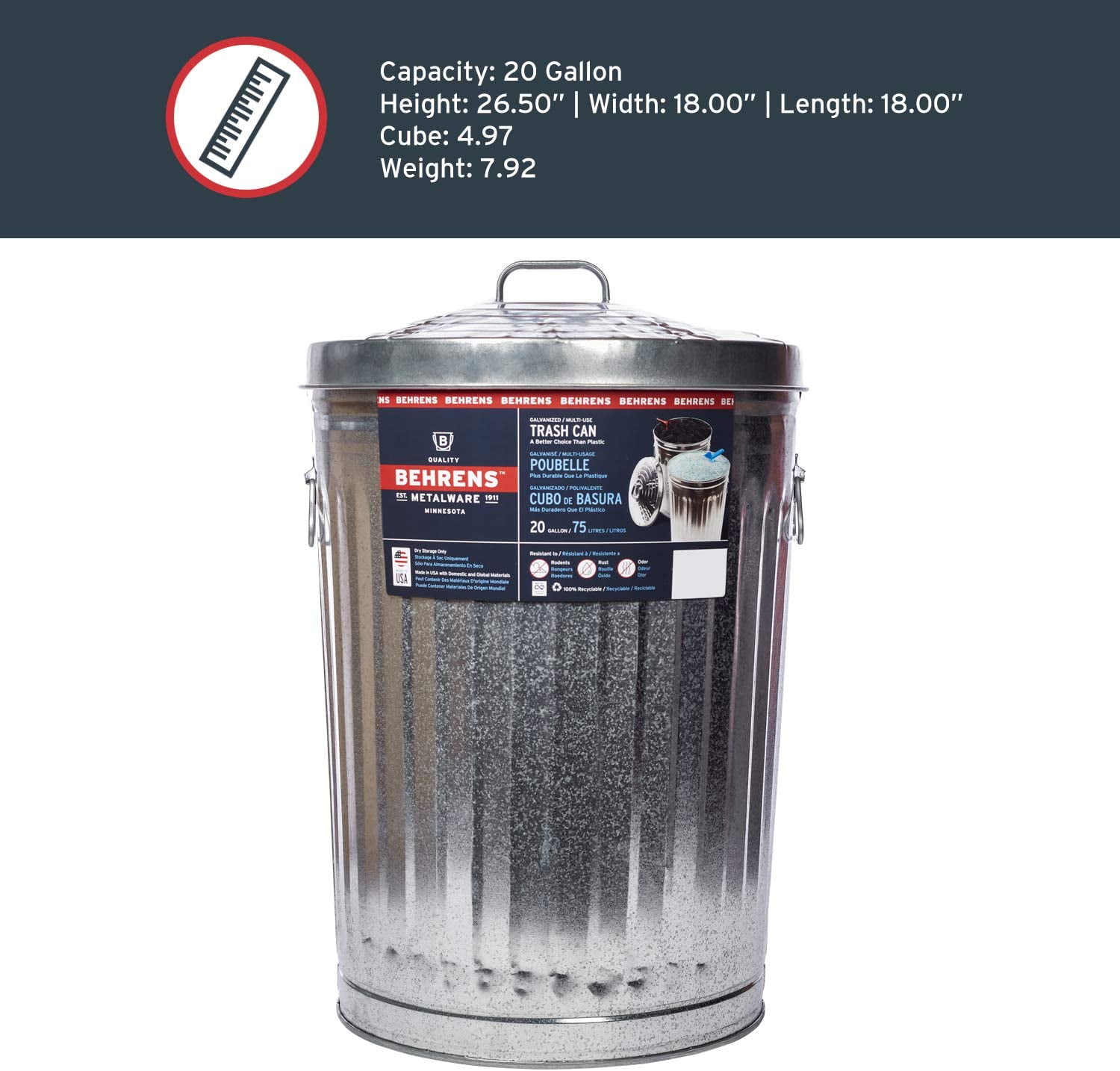 COLIBROX Pre-Galvanized Trash Can with Lid, Round, Steel, 20gal, Gray, Sold  as 1 Each