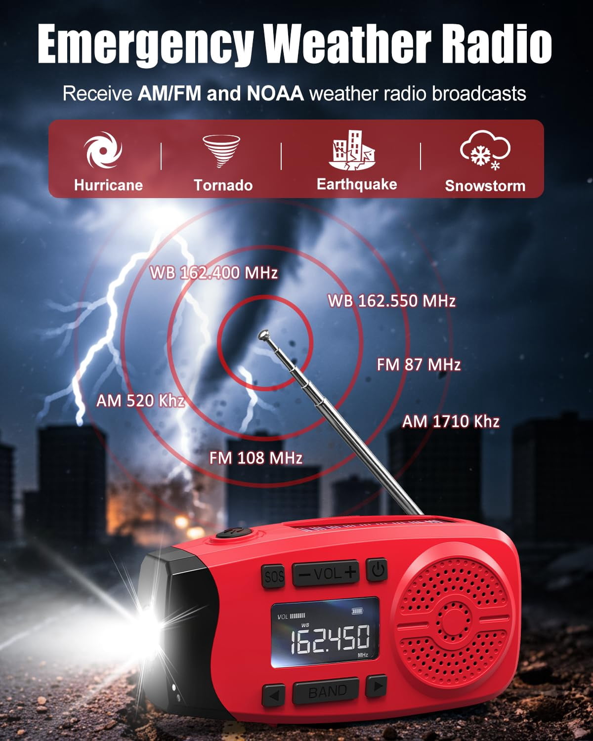 Emergency Weather Radio  7400mwh Hand Crank With Lcd Display Support Alert Usb/solar/hand 1w Flashlight & Sos Alarm For Outdoor Home