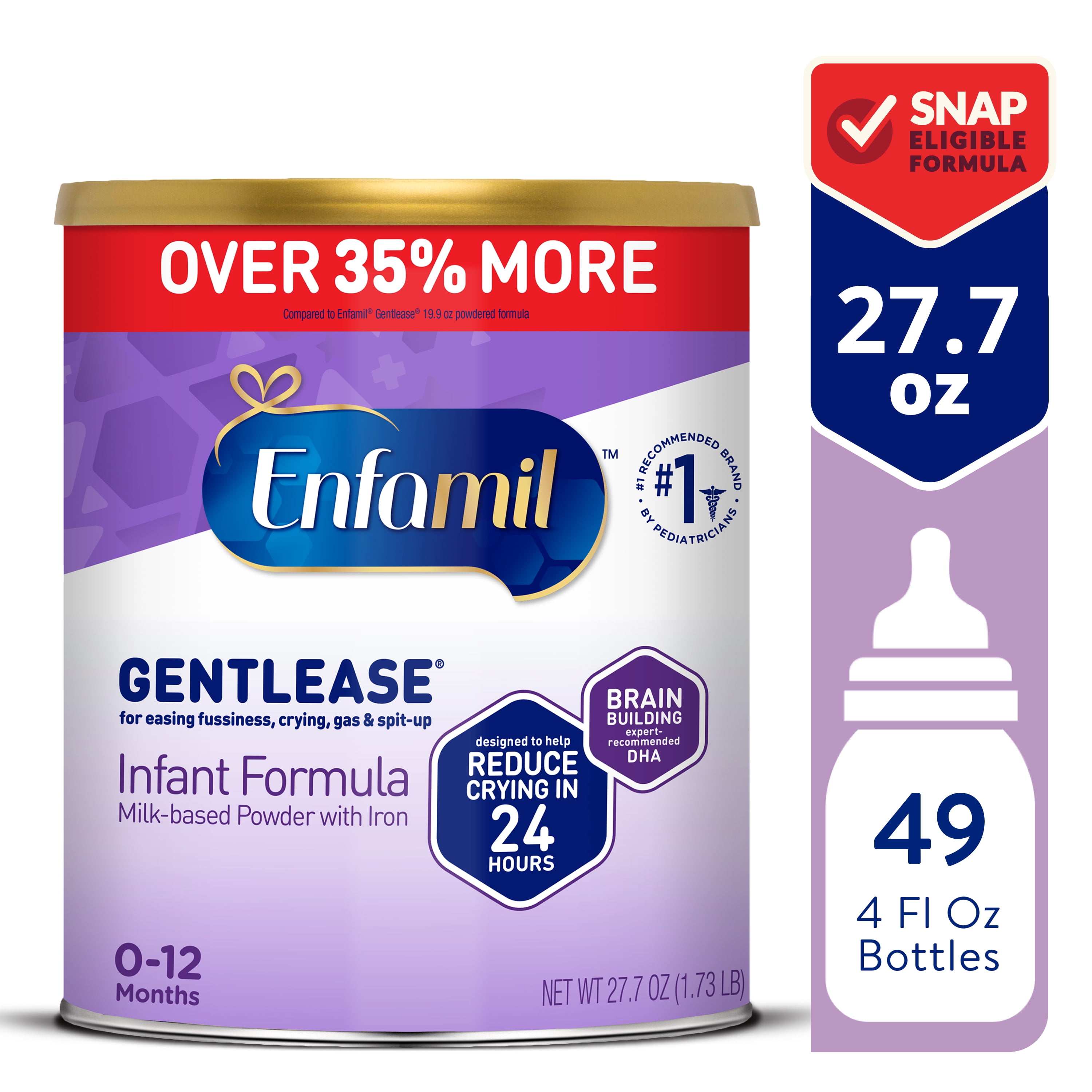 Enfamil Gentlease Baby Formula, Reduces Fussiness, Gas, Crying and Spit-up in 24 hours, DHA & Choline to support Brain development, Powder Can, 27.7 Oz