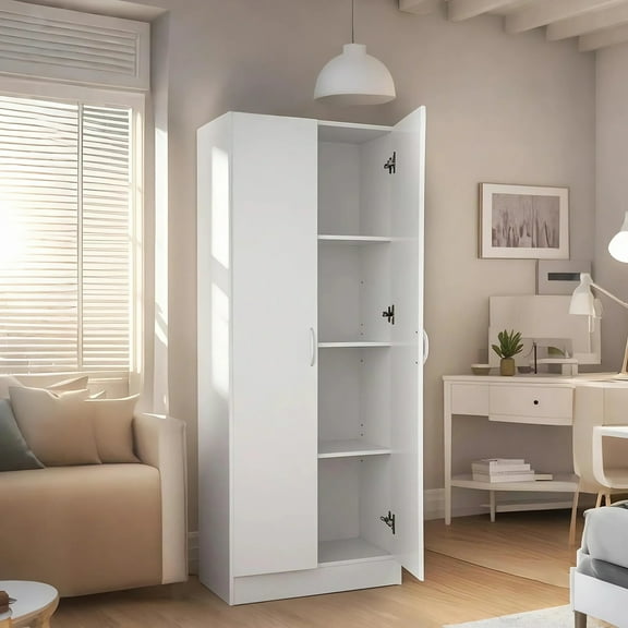 KFFKFF 60" Pantry Cabinets, 2 Doors and 4 Shelves Kitchen Pantry Storage Cabinet, Load 110LBS Independent Wood Storage Cupboard for Kitchen Home Storage, White