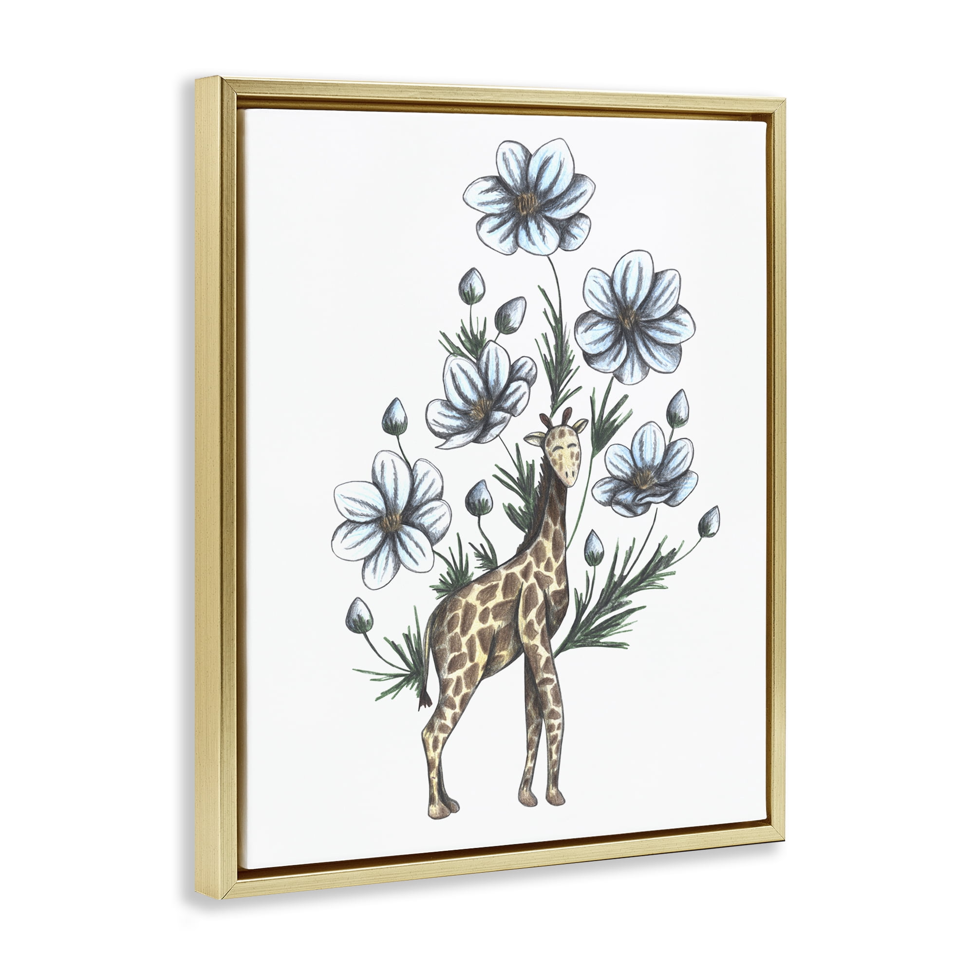 Giraffe with Flower Blossoms Gold Framed Floater Canvas Wall Art, design by Cecilia Battaini