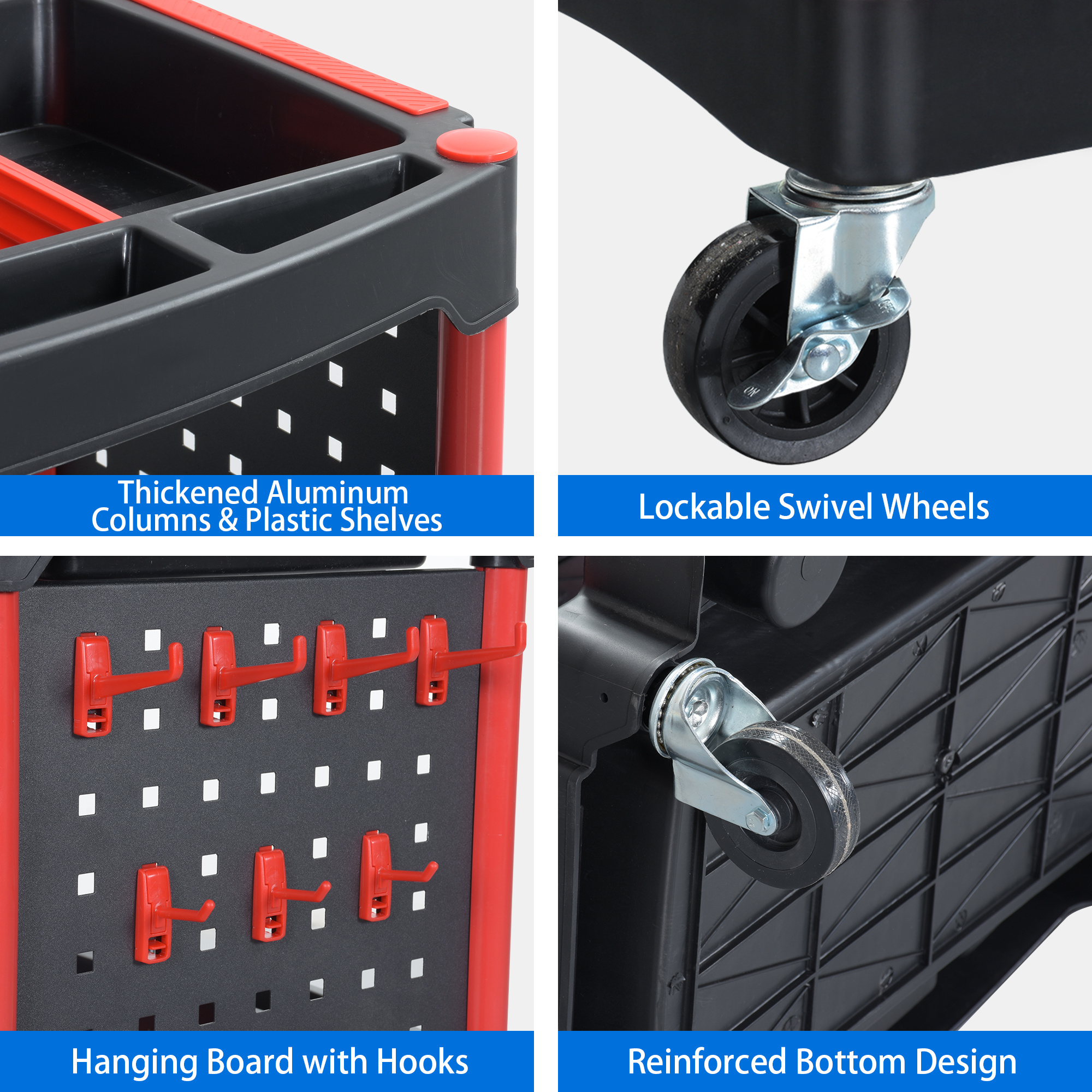 Uforic 3 Tier Rolling Detail Cart with Hanging Plate & Hooks, Car Wash Organizer Cart, Black