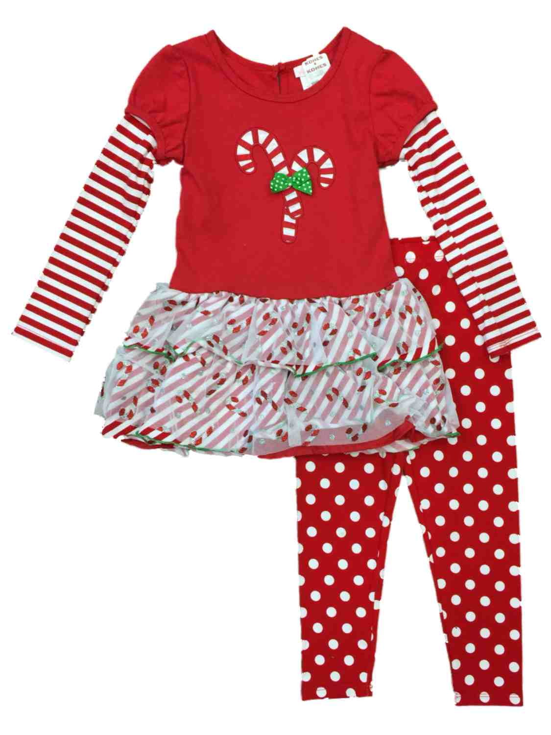 Little Girls Red Ruffle Candycane Outfit Christmas Shirt & Leggings Set ...