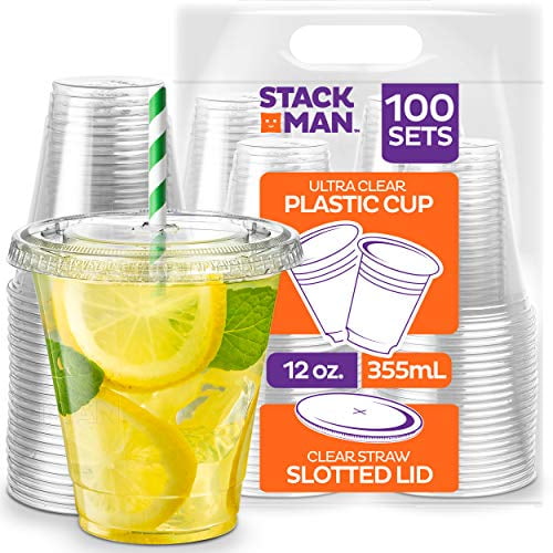 Stack Man PET12-98SS-100 [100 Sets - 12 oz.] Clear Plastic Cups with Straw  Slot Lid, PET Crystal Clear Disposable 12oz Plastic Cups with lids -  Walmart.com