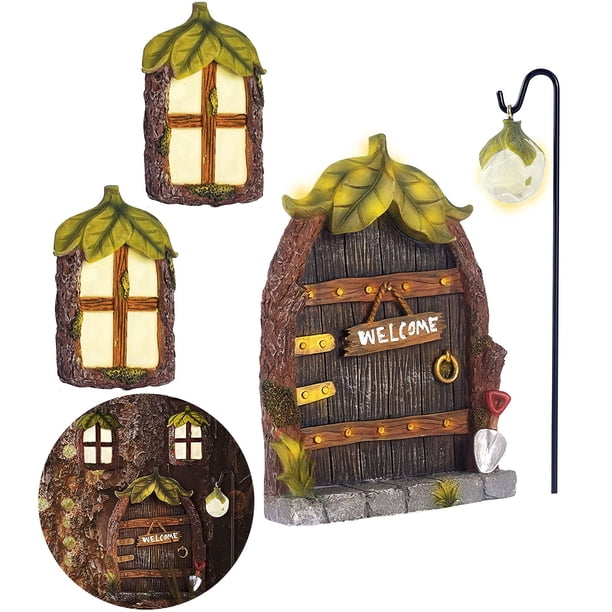 Ventana y puerta de casa de hadas de Gnomo en miniatura para árboles, arte de patio que brilla en la oscuridad, escultura de jardín, adorno de césped, decoración Mini