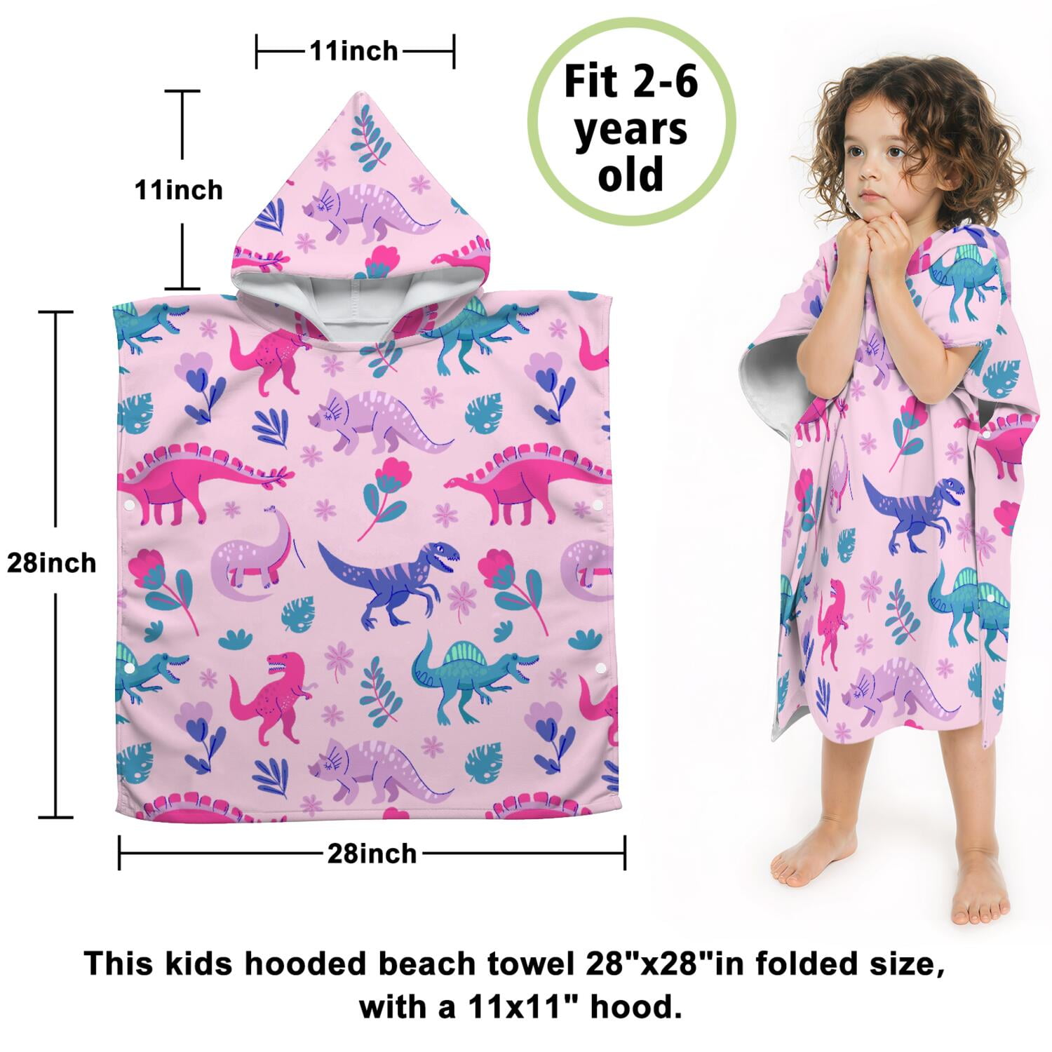 Hooded Kids Beach Towels - Toddler Bath Towel Girls Boys Swimming Cover-ups for Ages 2 to 6 Kids Pool Towels Quick Dry Lightweight Soft Microfiber Poncho Towel 28x28 (Dinosaur Pattern)