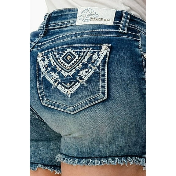 Grace in LA Women's Aztec Embroidered Raw Hem Stretch Denim Jean Shorts (26, Blue)