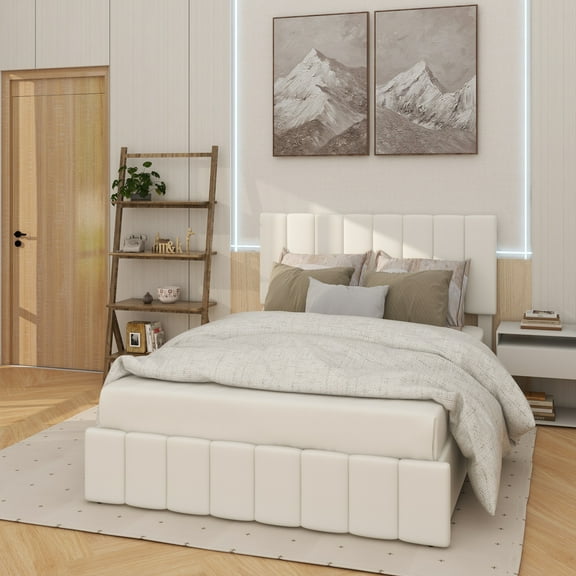 Full size Upholstered Platform bed with a Hydraulic Storage System - White