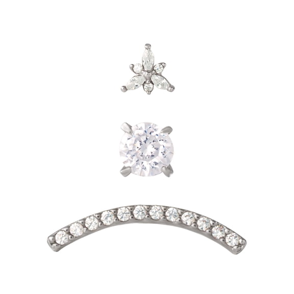 Body Jewelry Women's 16G Stainless Steel Cartilage Barbell Earrings, Crystal Flower Design, 3-Pack