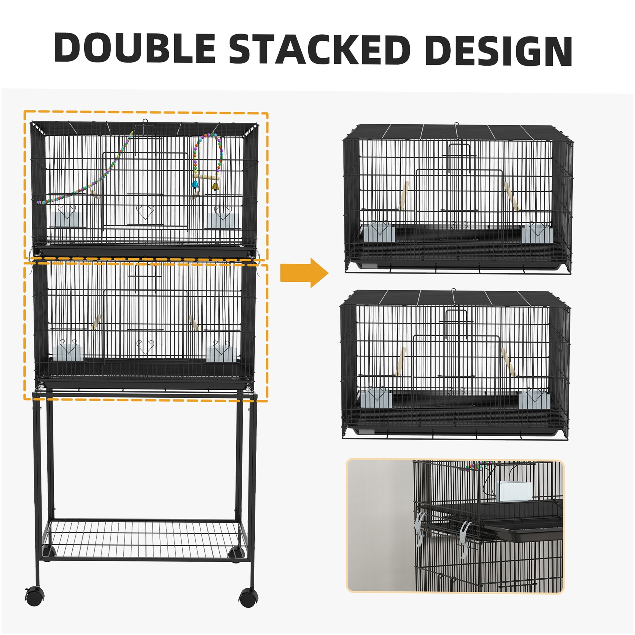 JERFIT 64.5" Double Stack Bird Cage with Stand on Wheels, Black Steel Aviary for Small Birds, Finches, Budgies, Parakeets