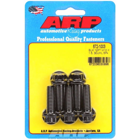 ARP Auto Racing Bolt 672-1003 Metric Bolt; 10 Millimeter x 1.50 Thread Size; 30 Millimeter Under Head Length; 12 Millimeter Socket Size; 12 Point Head Type; Black Oxide; Chrome Moly; 5 Pack