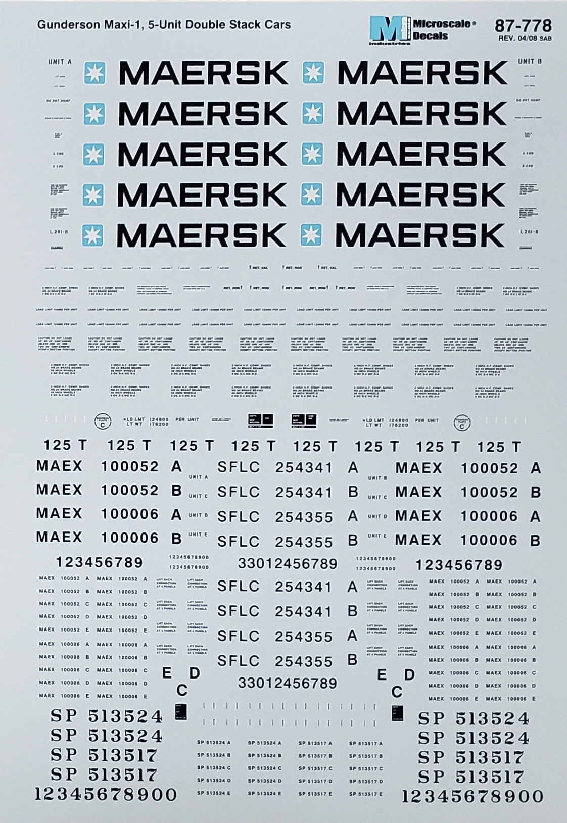 Microscale Model Railroad/Train Decals HO Scale Maersk Gunderson MaxiI