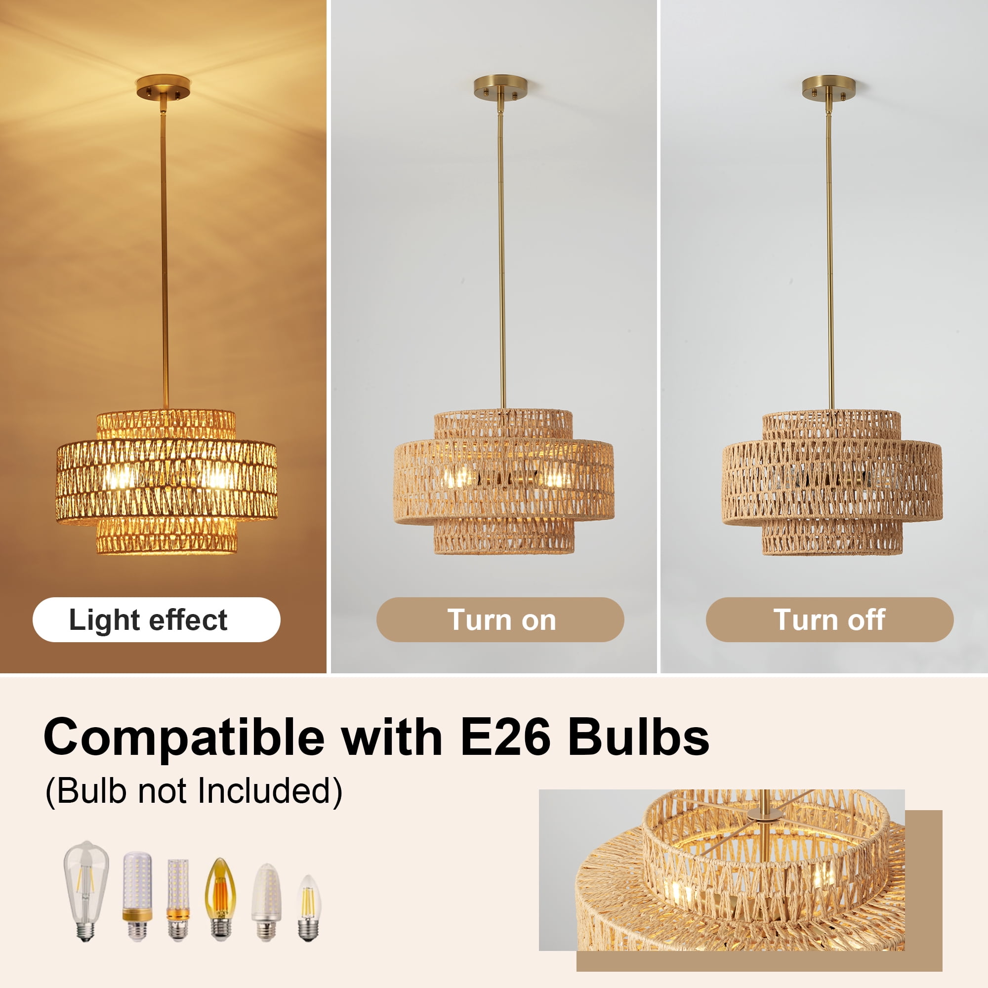 Leumius 17.7" Boho Rattan Chandelier, 4-Light Hand Woven Wicker Pendant Light Fixture, Farmhouse Rustic Hanging Chandelier for Dining Room, Kitchen Island, Living, Bedroom