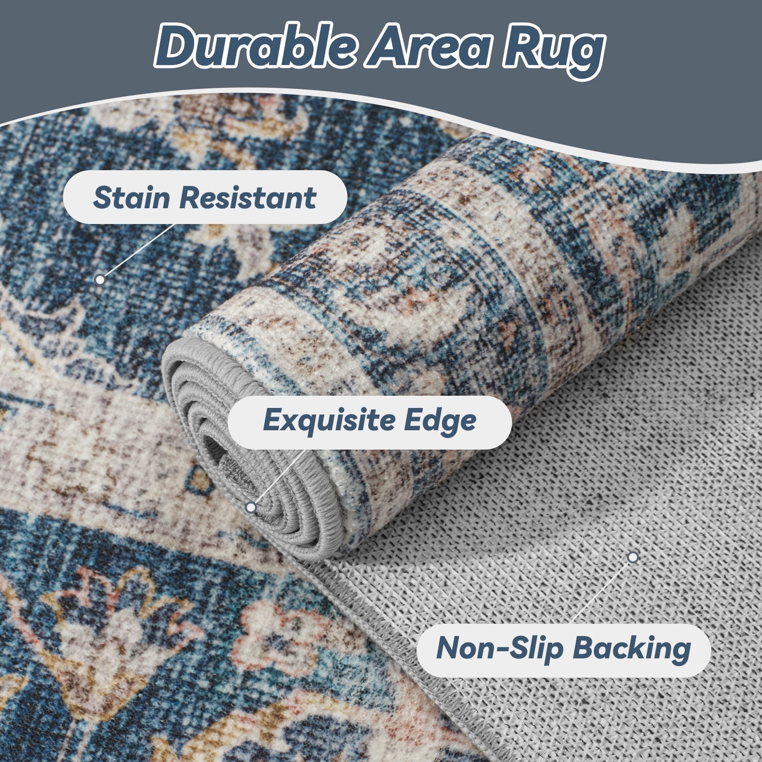 FEELHOME 2'x3' Area Rug Machine Washable Soft Vintage Distressed Non Slip Carpet for Living Room Bedroom Dining Room Blue