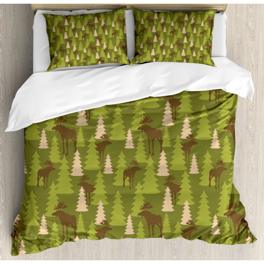 Deer Duvet Cover Set King Size, Animals in the Forrest Mooses and Pine