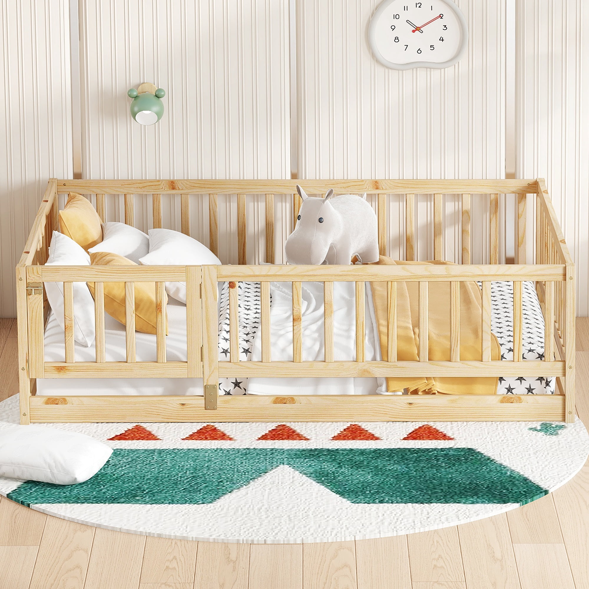Full Size Montessori Floor Bed with Fence and Door, Solid Wood Kids Bed and Toddler Playhouse Bed with Slats, Oak