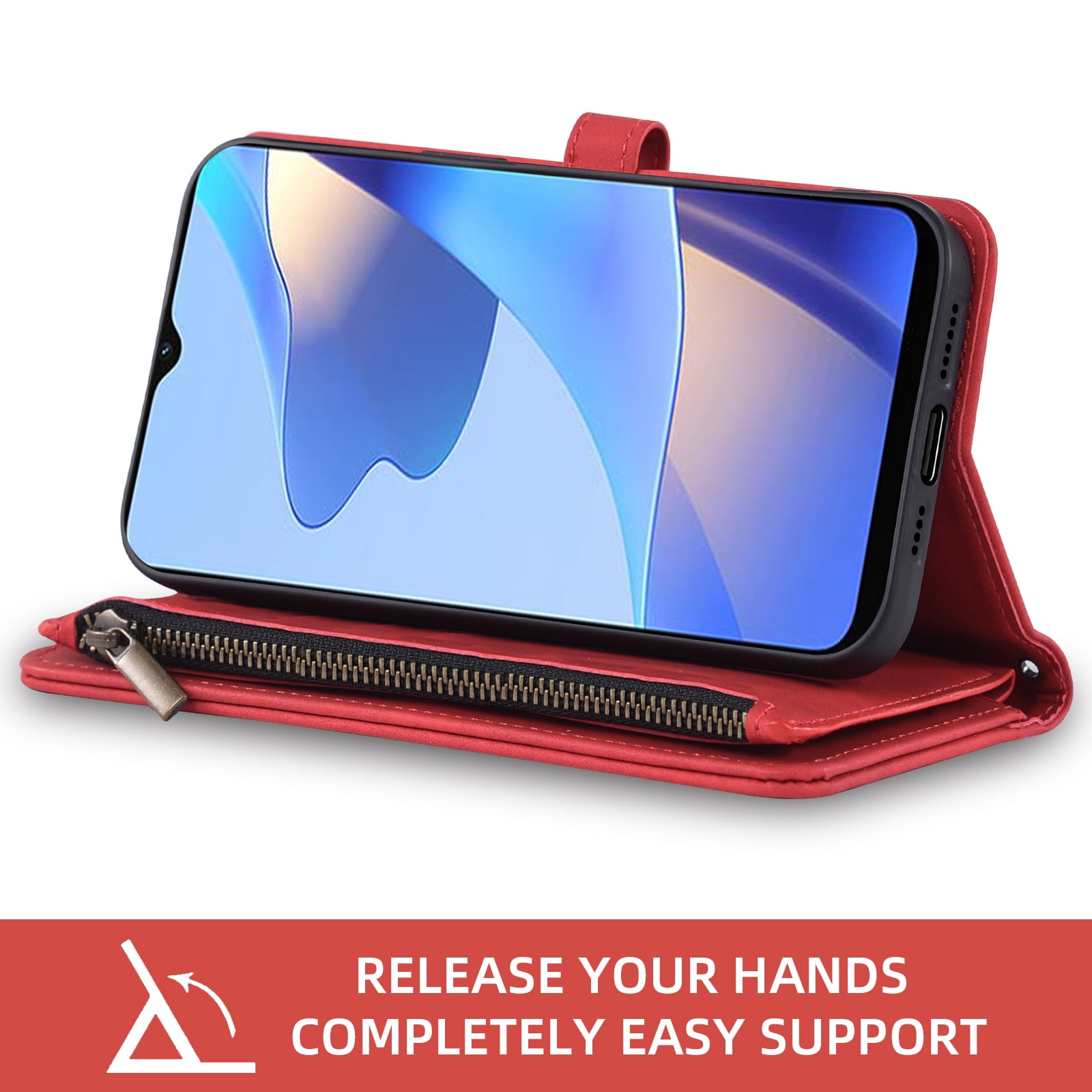 Asuwish Phone Case for Samsung Galaxy A16 5G/4G Wallet Cover With Tempered Glass Screen Protector Crossbody Wrist Strap Flip Pattern Zipper Credit Card Holder Stand Cell A 16 16A SM-A166U Women Red