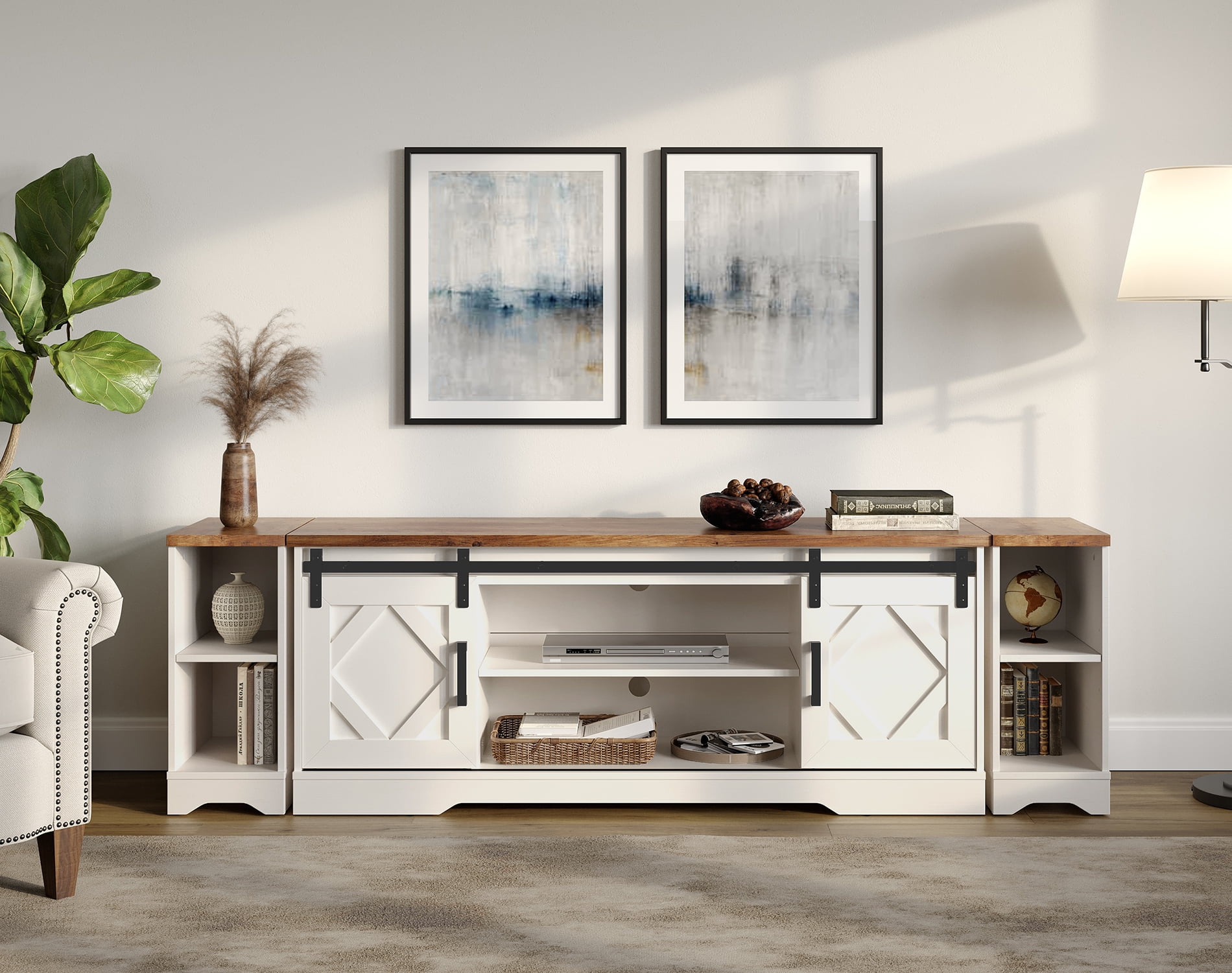 WAMPAT Farmhouse 85 inch TV Stand and Coffee Table Set of 2, Entertainment Center for TVs Up to 85", 30 inch Square Wood Coffee Table with Gas Spring Flip-Top for Living Room,Cream White