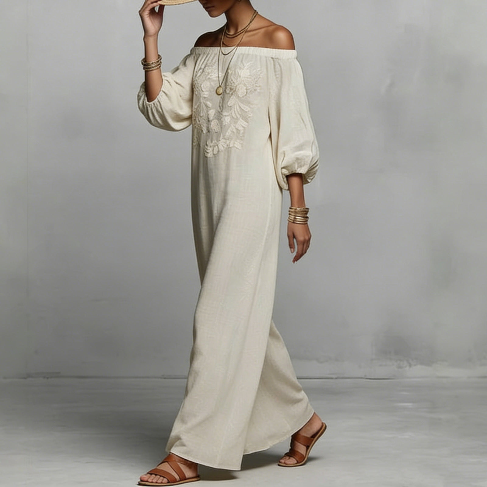 Off The Shoulder Dress for Women Floral Embroidered Puff 3/4 Sleeve Boho Maxi Dresses Casual Loose Fit Long Dress