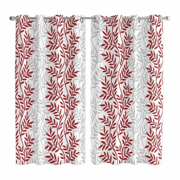 Red Gray Botanical Kitchen Curtains 84 Inch Length, Pastoral Spring Summer Leaf Aesthetics Grommet Top Bedroom Living Room Curtains, Light Filtering Cafe Curtain Drapes 2 Panels Set 104''x84''