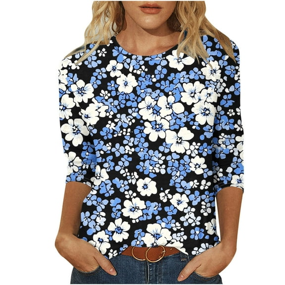 CYMMPU 3/4 Sleeve Blouses for Women Dressy Casual Round Neck Tunic Tops Loose Fit Floral Pattern Fall Fashion Shirts Spring Tops Lightweight Basic T-Shirts XXL