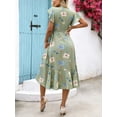 thumbnail image 2 of Green Floral Print Wrap Midi Dress With Ruffle Sleeves And V-Neck For Women, 2 of 7
