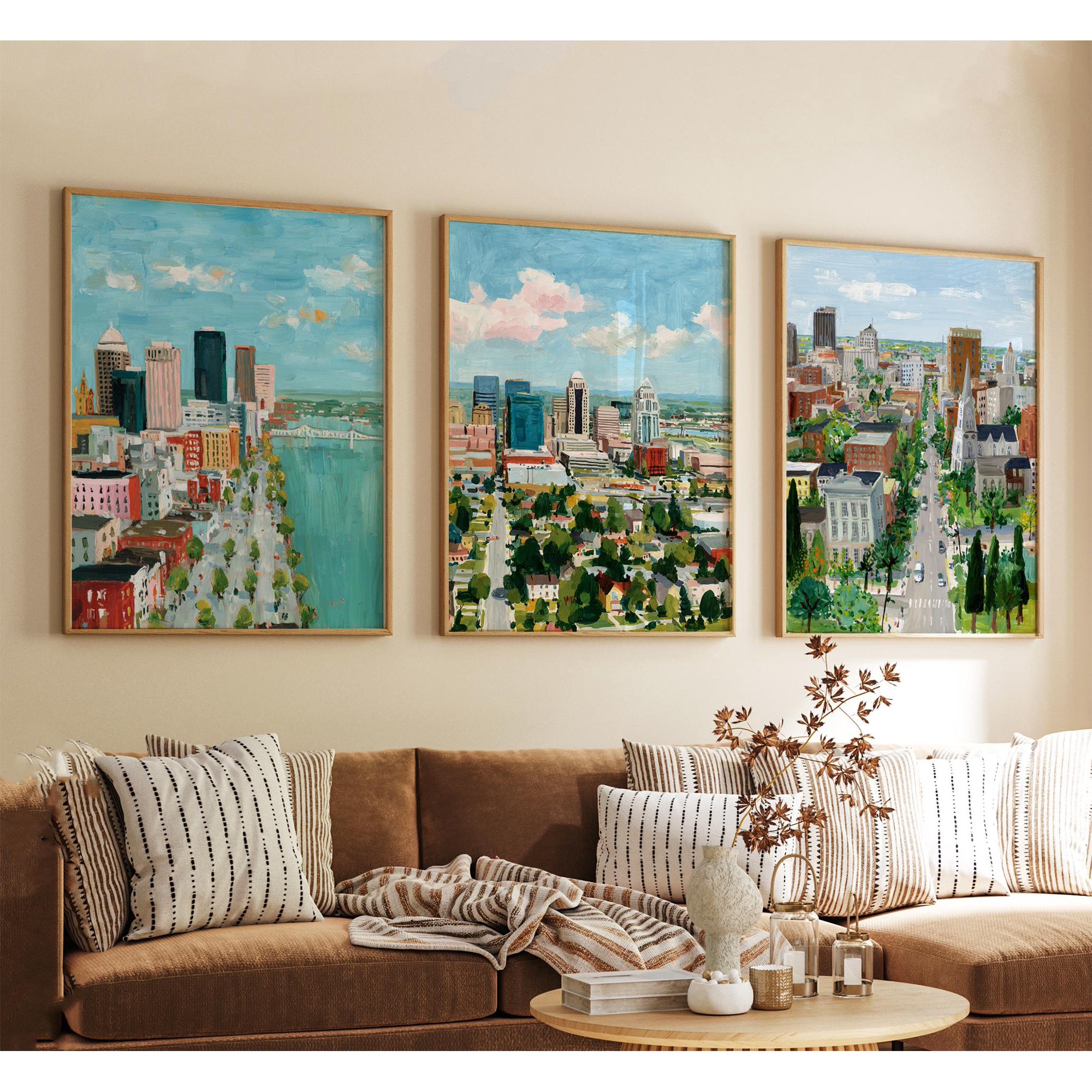 Louisville Kentucky Poster City Travel Wall Art Usa Riverfront Skyline Print Vintage Minimalist Style Set 3