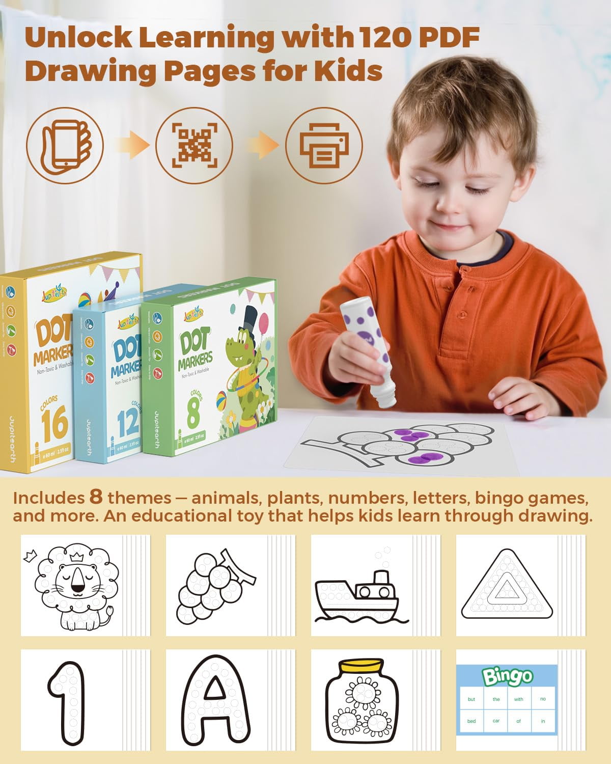 Jupitearth 22Pcs Arts Crafts & Sewing,Art Supplies,Art Markers & Pens,Washable Dot Markers for Toddlers 1-3 Game Markers for Kid