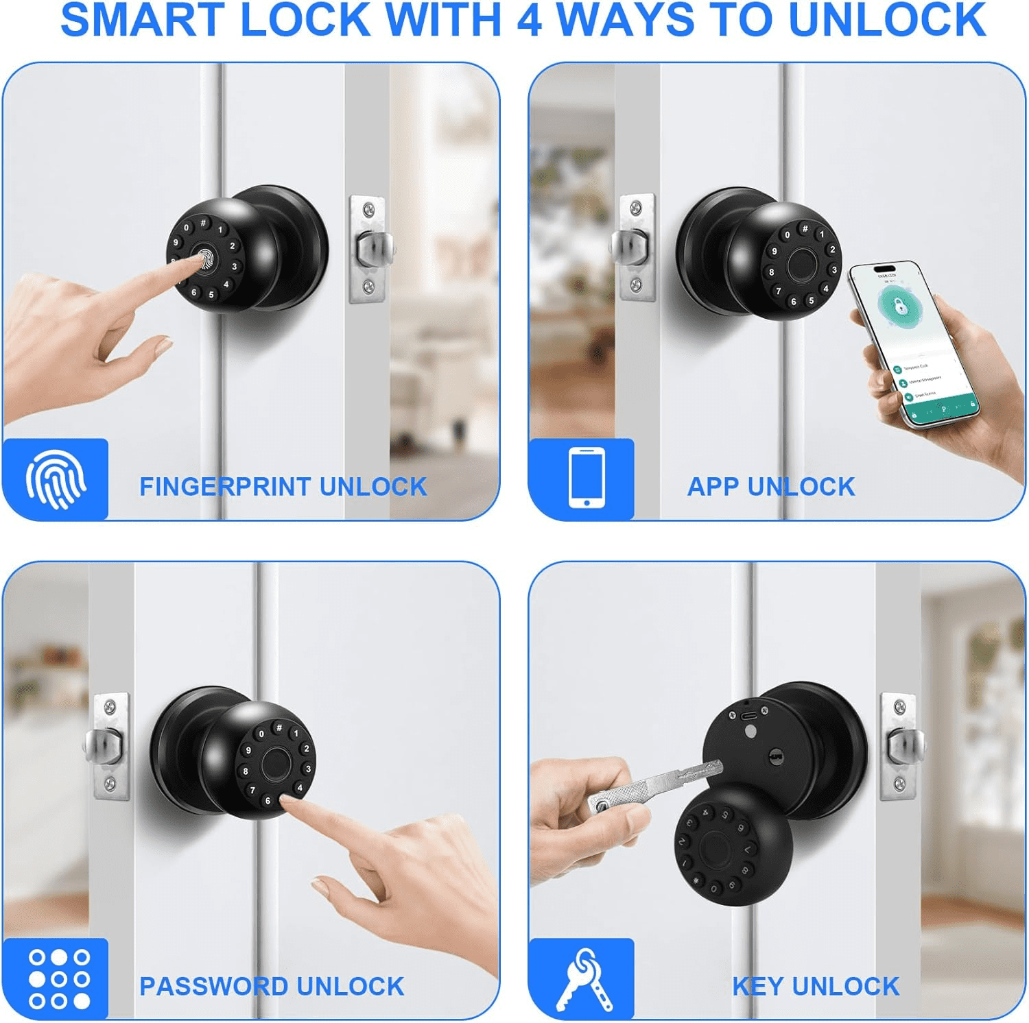 Smart Door Lock,4-in-1 with Keypad Bluetooth Control, Biometric Door knobs with App Control, Biometric Door Lock for Bedroom Home Office Apartment
