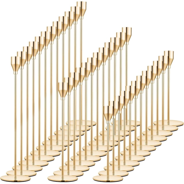 Juego de 36 portavelas dorados para velas cónicas, candelabros decorativos de metal dorado para bodas, cenas, fiestas, decoración del hogar, se adapta a velas de 3/4 pulgadas de grosor y velas LED