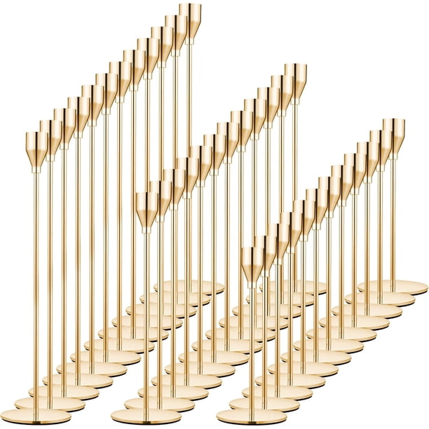 Juego de 36 portavelas dorados para velas cónicas, candelabros decorativos de metal dorado para bodas, cenas, fiestas, decoración del hogar, se adapta a velas de 3/4 pulgadas de grosor y velas LED