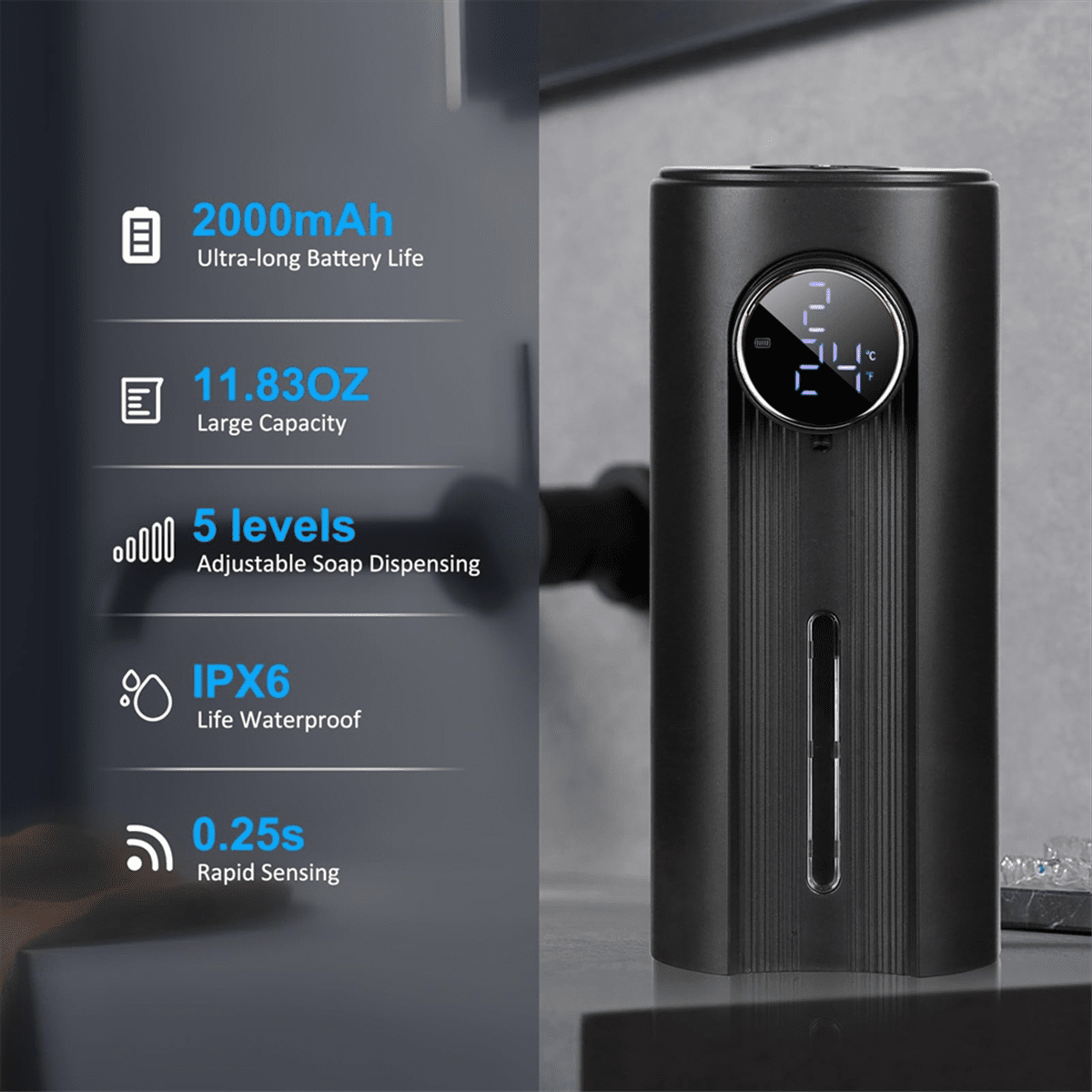 Touchless Automatic Foaming Soap Dispenser 11.83Oz, 5 Adjustable Levels, Suitable For Kitchen & Bathroom Foam Black