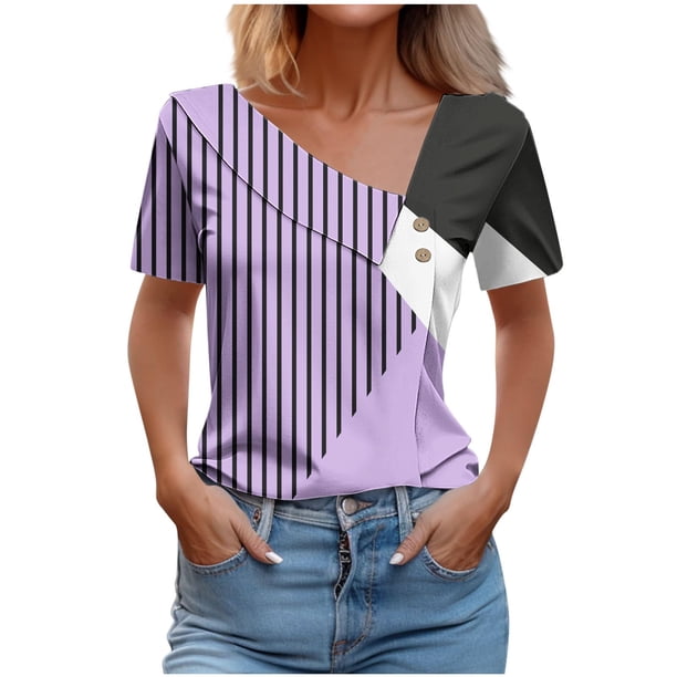 Tops de Algodón para Mujeres Cuello en V Casual de Manga Corta, Imitación Algodón Primavera Y Blusa de Verano