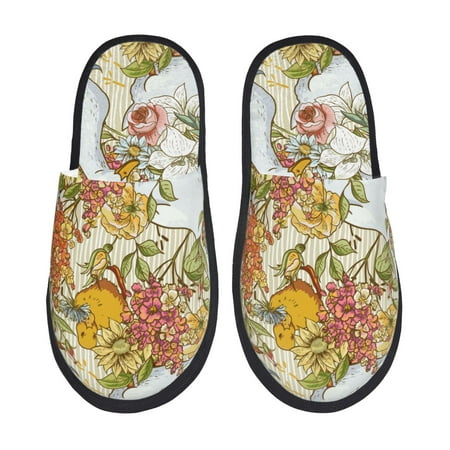 Balery Ducks and Flowers Slient Indoor Furry Fleece Comfort House Shoes Soft Non-Slip Home Shoes Cotton slippers House Slippers-- Large