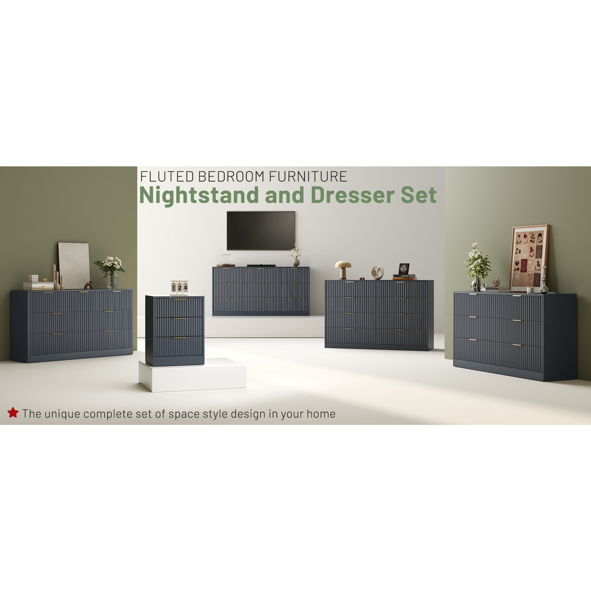 ASTUVIA 55.1" W Fluted 6 Drawer Dresser for Adult,Wooden Bedroom Dresser,Dresser TV Stand up to 65" for Living Room,Blue