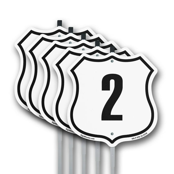 Number 2 (5 Pack) 12 inch X 12 inch Shield Shaped Rust-Free Aluminum Metal Signs with Aluminum Mounting Stakes Weather Resistant Made in the USA