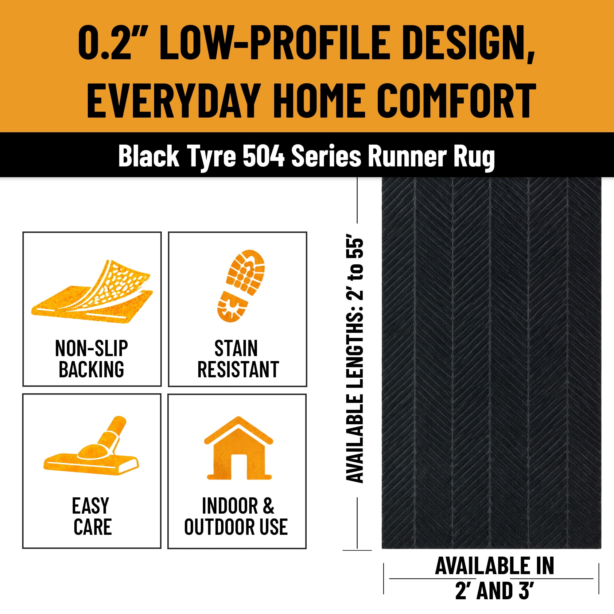 Ottomanson 2' x 9' Heavy Duty Non-Slip Runner Rug for Hallway, Waterproof Commercial Floor Mat, Black