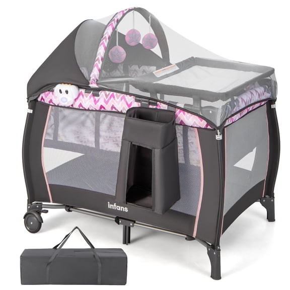 OLAKIDS 4 in 1 Pack and Play, Portable Travel Baby Playard with Bassinet, Changing Table, Canopy, Mosquito Net, Hanging Toys, Music Box, Storage Bag, Large Playpen from Newborn to Toddlers