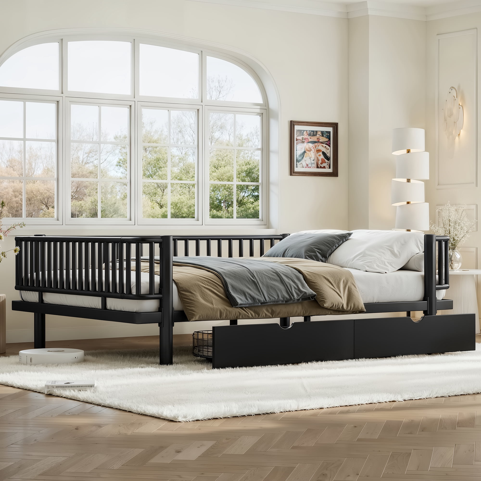 Leumius Queen Size Platform Bed Frame with Storage Drawers, Metal Daybed Frame with Upgraded Safety Round-Pipe Design, Low Profile Design for Teens Adults Black