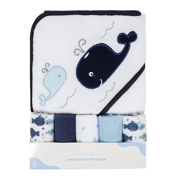 Softan Baby Hooded Bath Towel and Washcloths, Extra Soft and Ultra Absorbent, 6 Pack Gift for Newborn and Infants, Whale Bro