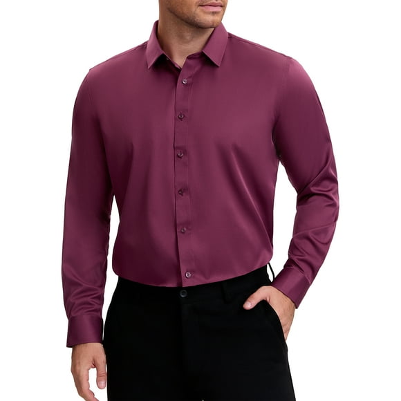 Camisas de vestir formales de color sólido con cuello de punta y manga larga para hombres INSPIRE CHIC, color burdeos, talla S