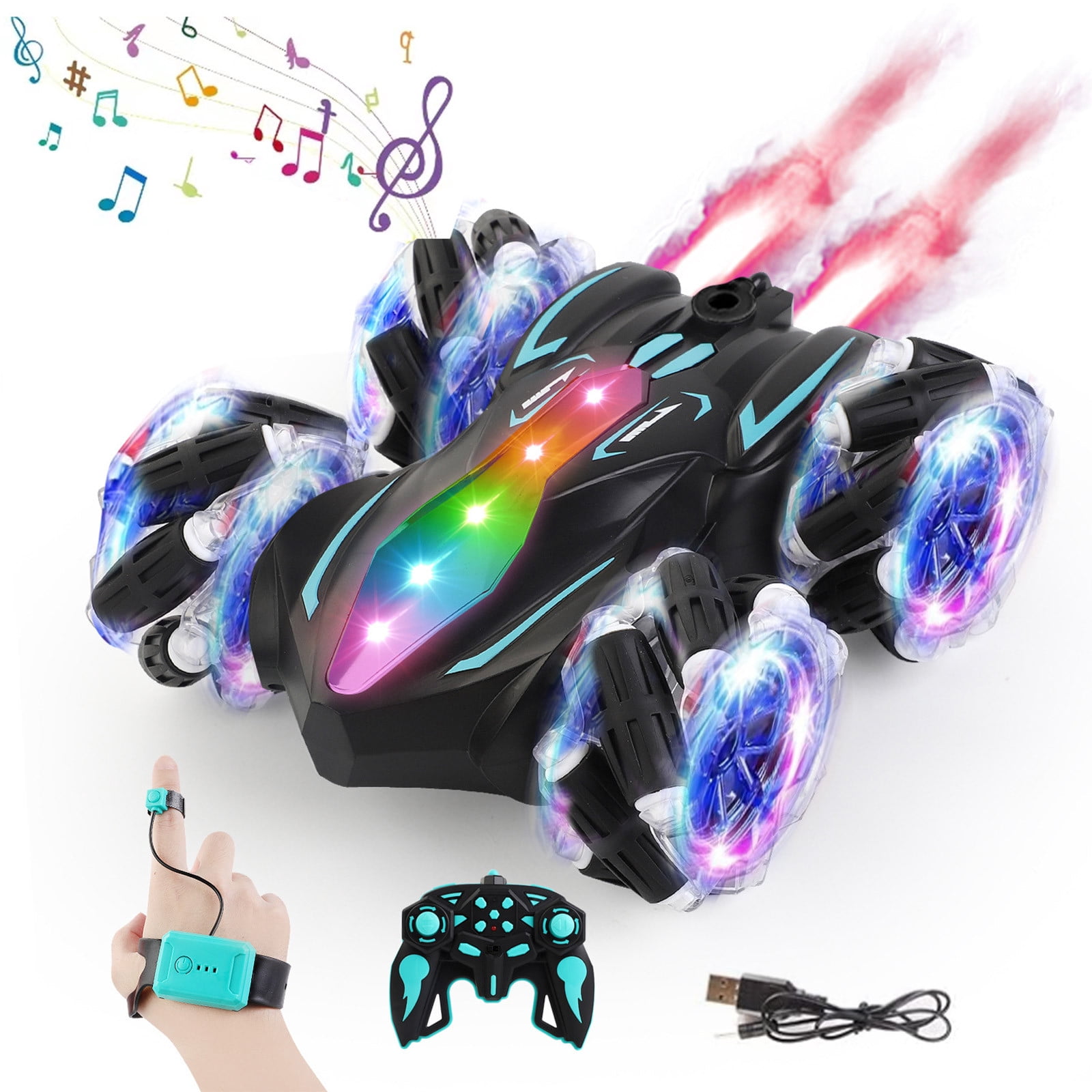 Xecvkr Four Wheel Drive 360 Stunt Rc Car LED Lights 40 Minute Runtime Dual Remote Rechargeable Long Battery Off-Road Drift Crawler 16.5x15.5x6cm 1 Unit Black Red
