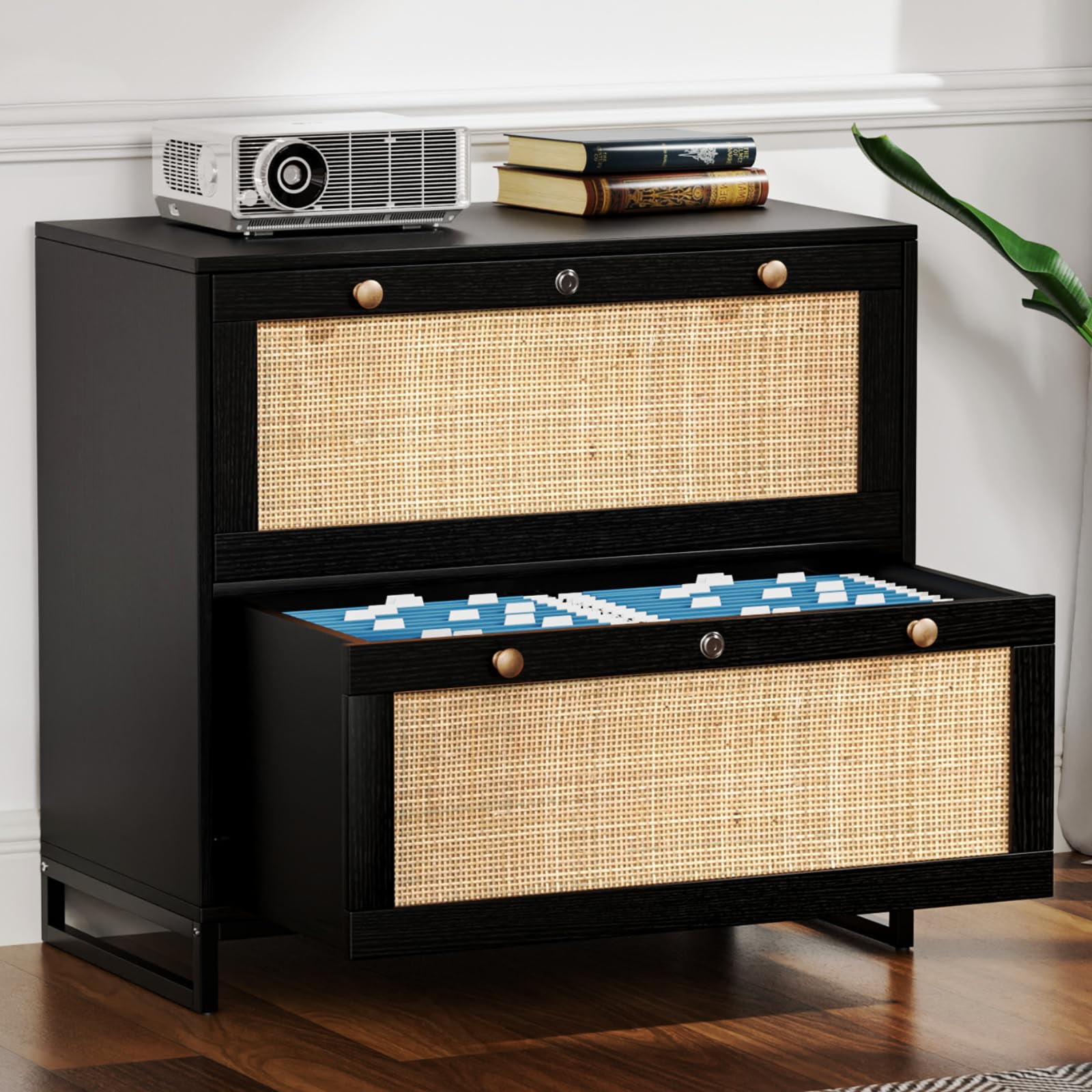 Ktaxon Rattan 2 Drawer Lateral File Cabinet with Lock, Wood Locking File Cabinets for Home Office, Black