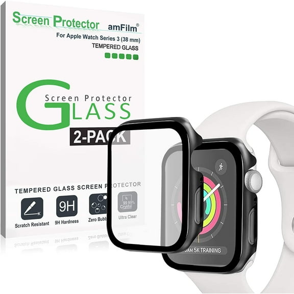 amFilm Case and Screen Protector for Apple Watch Series 3 (38mm), iWatch Protective Cover and Film (2 Pack)