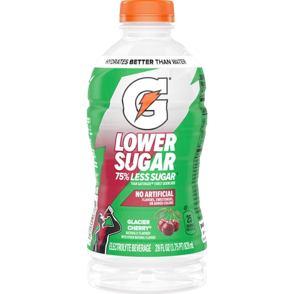Gatorade Lower Sugar, No Artificials Glacier Cherry Flavored Electrolyte Sports Drink, 28 fl oz, 75% Less Sugar, Hydration