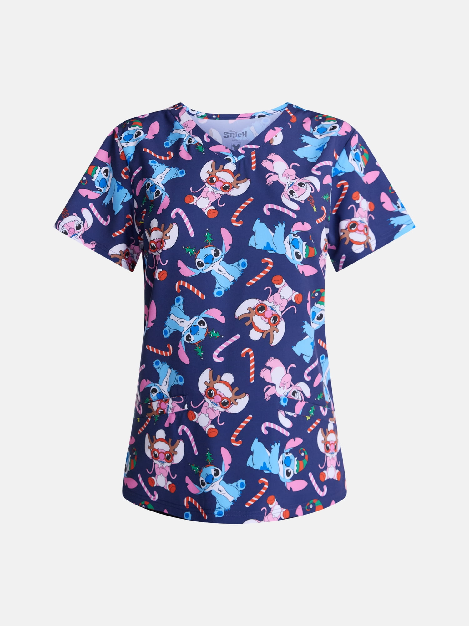 Lilo and Stitch Women's Holiday Scrub Top with Short Sleeves, Sizes S-XXXL