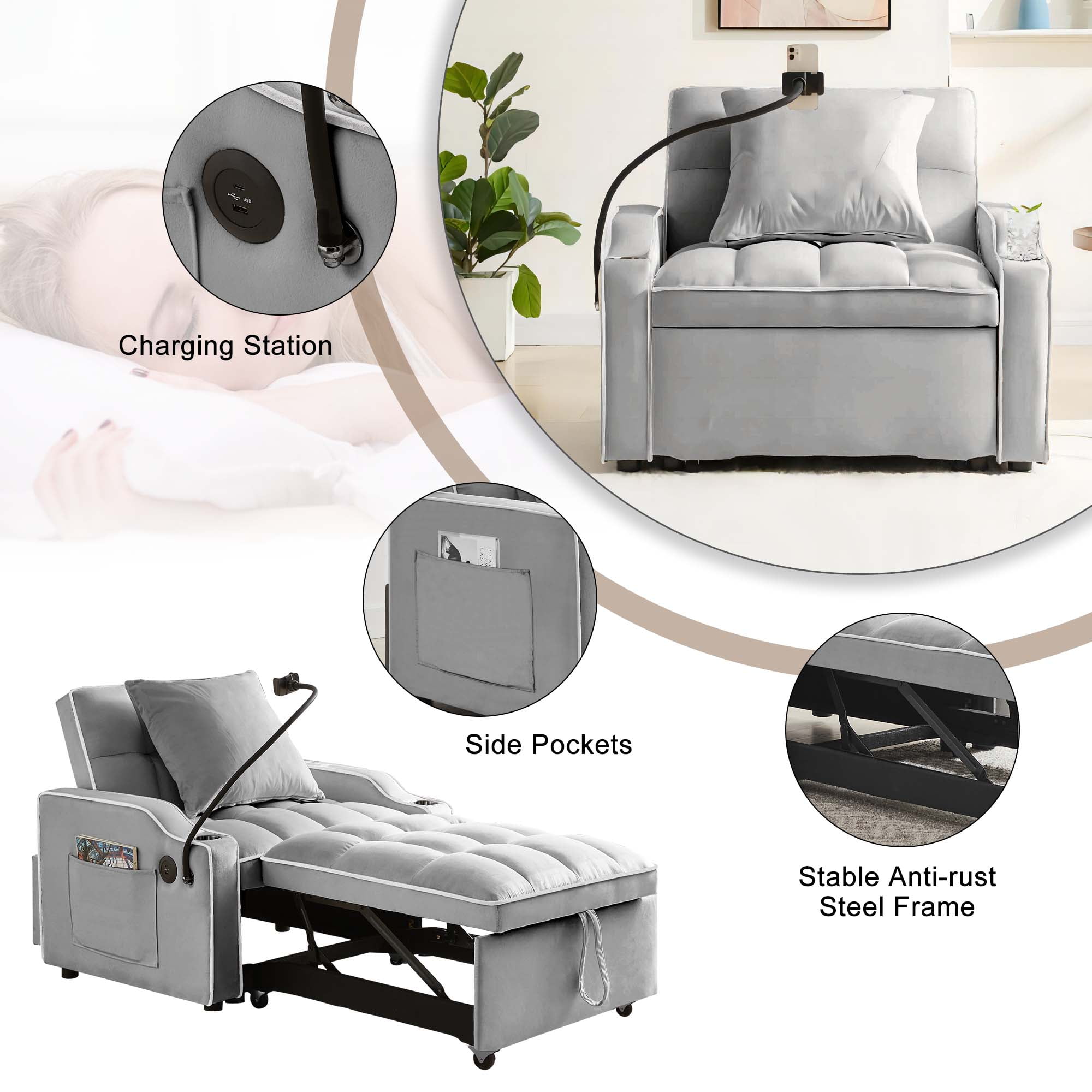 Aukfa Sleeper Chair Bed, Convertible Pull Out Sofa Bed with USB Port, Cup Holders and Swivel Phone Holder, Gray