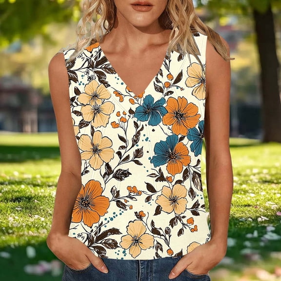 NTACZA Tops for Women V Neck Hawaiian Tank Tops Sleeveless Flowy Shirts for Women L