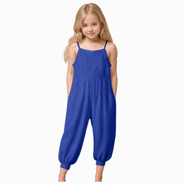 Gubotare Kids Rompers Girls Striped Overalls Full Length Jumpsuits Machine Washable 5T 6T (Blue,5-6 Years)