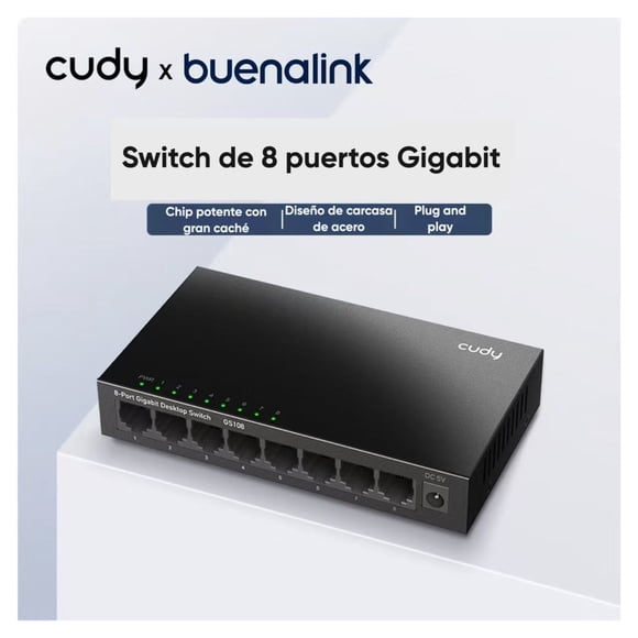 Switch Gigabit Cudy Gs108 8 Puertos Gigabit, Metal, 170m De Alcance, Silencioso, Plug & Play, Ideal Para Oficina Y Hogar